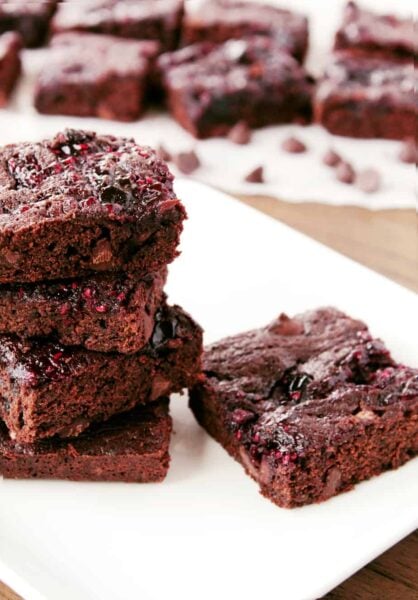 perfect stack of double chocolate raspberry brownies