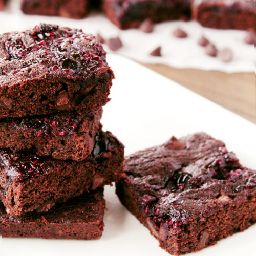 perfect stack of double chocolate raspberry brownies