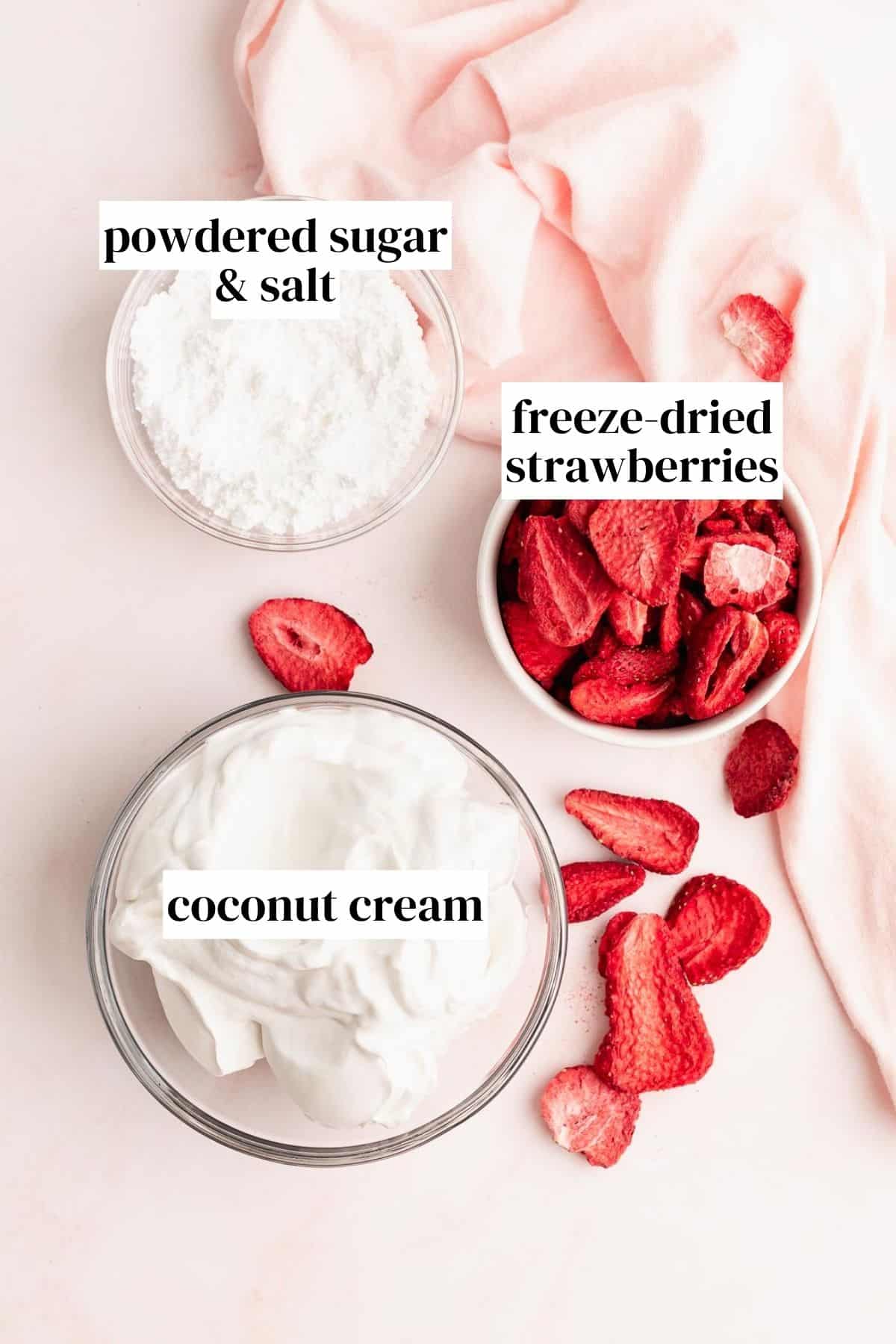 Ingredients for dairy free whipped cream in bowls on a table.