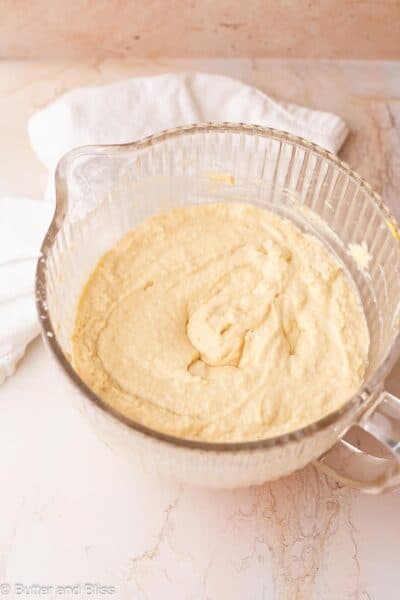 Coffee cake batter in a mixing bowl.