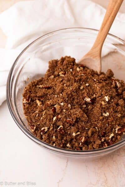 Cinnamon pecan streusel in a mixing bowl.