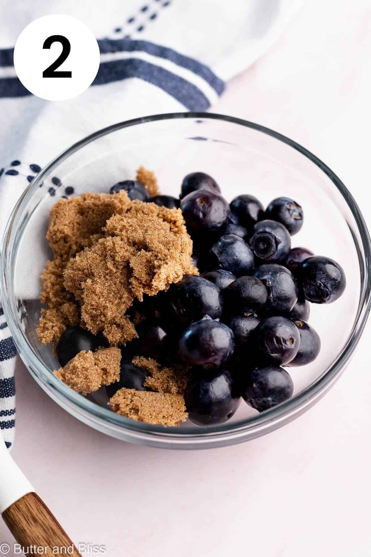 Pretty bowl of blueberries sprinkled with brown sugar.