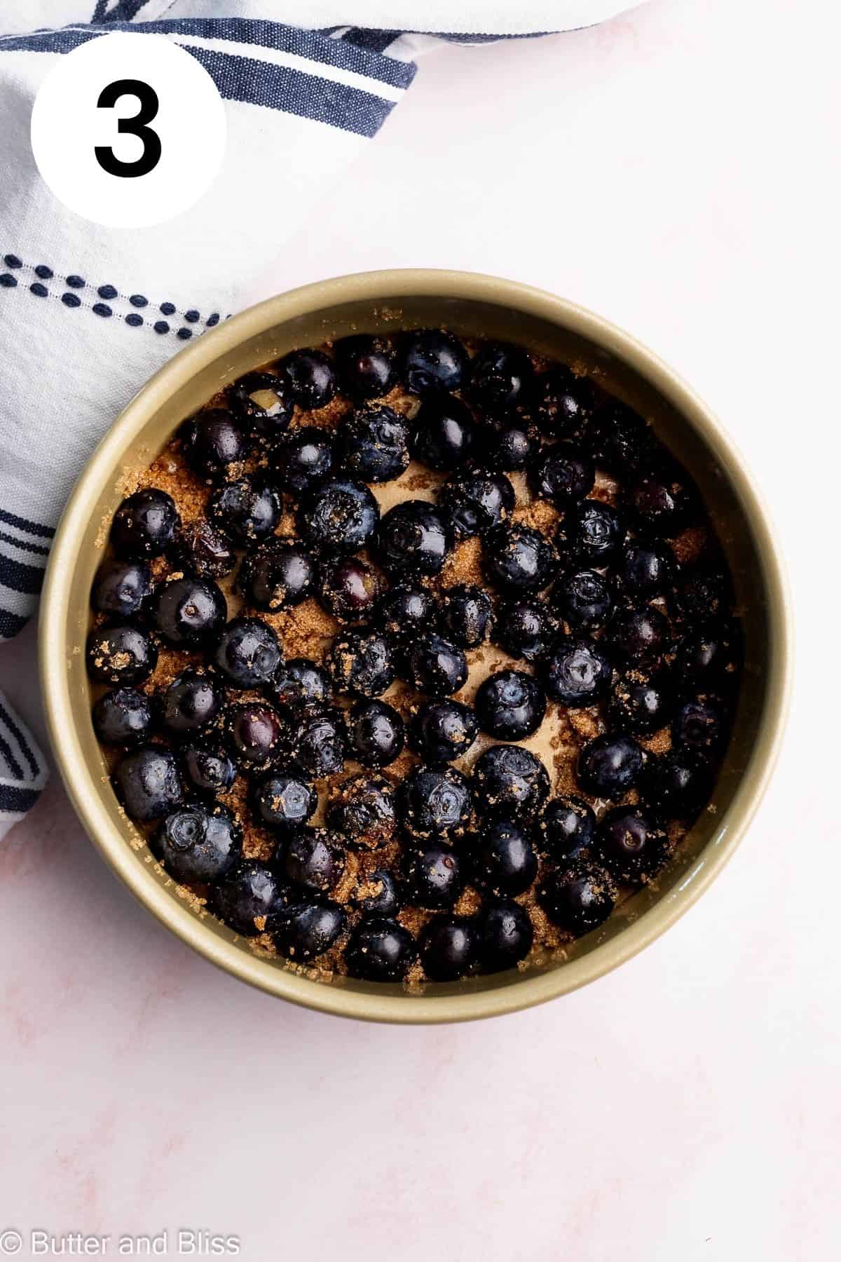 Fresh berries and brown sugar lining the bottom of a cake pan.