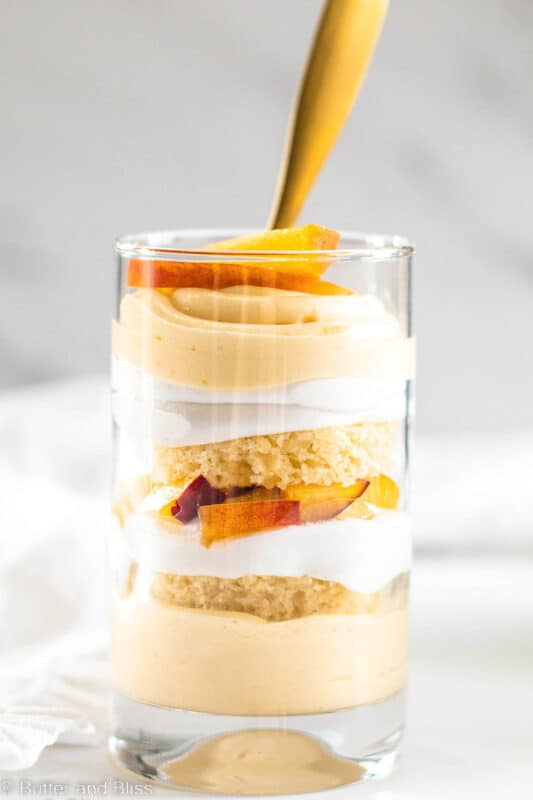 Single serving peach mousse trifle in a parfait glass