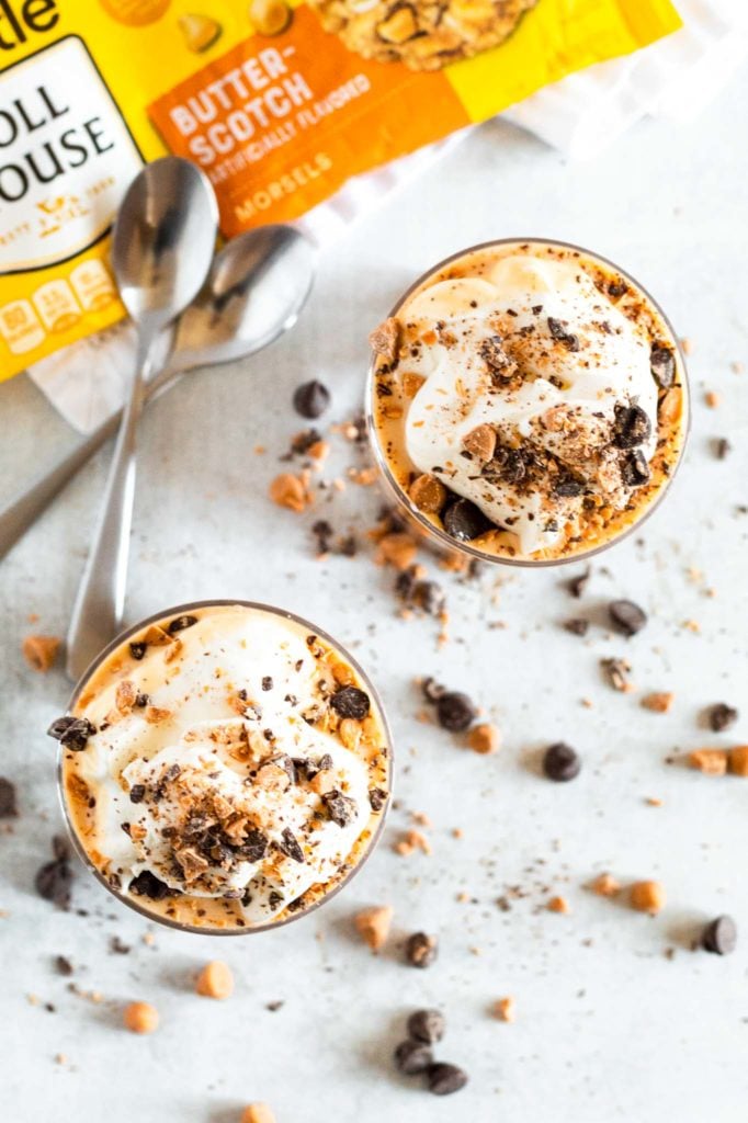 Pudding Parfaits Topped with Whipped Cream and Chocolate Chips