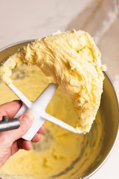 Creamy butter on a mixer attachment.