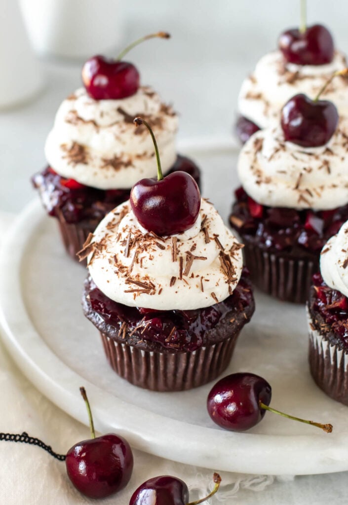 A platter of a small batch of black forest cupcakes