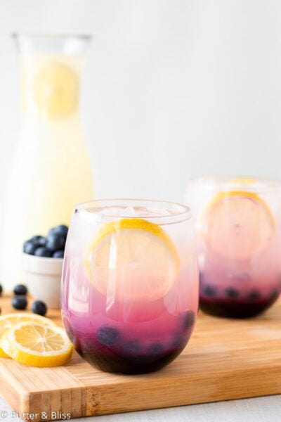 Tray of glasses of blueberry lemonade