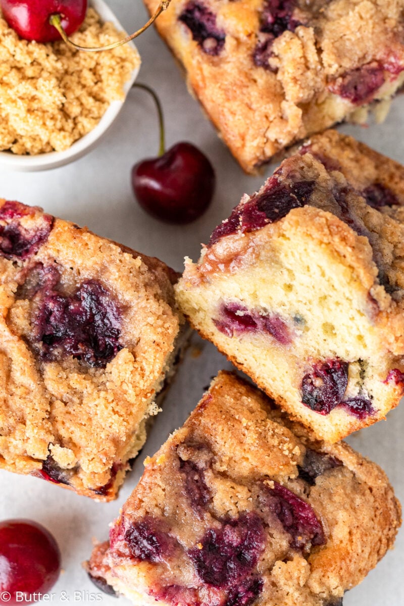 Top view of pieces of cherry coffee cake