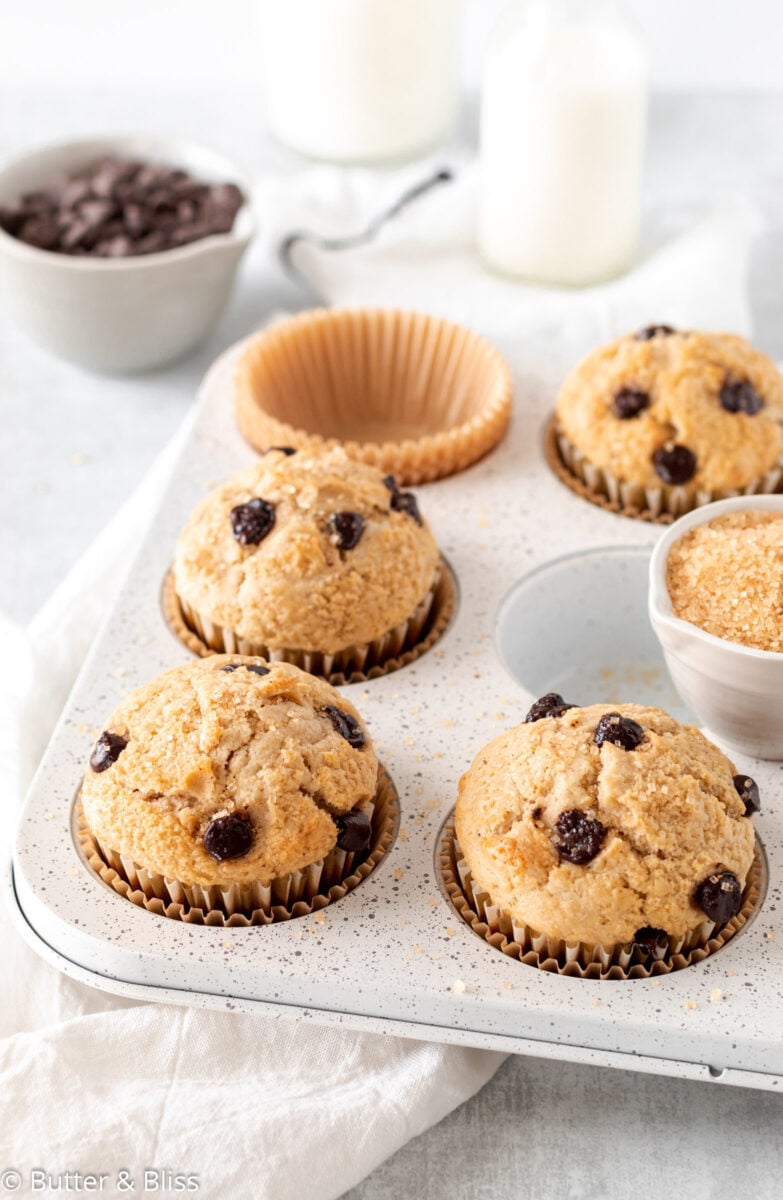 A pan of fresh baked chocolate chip muffins