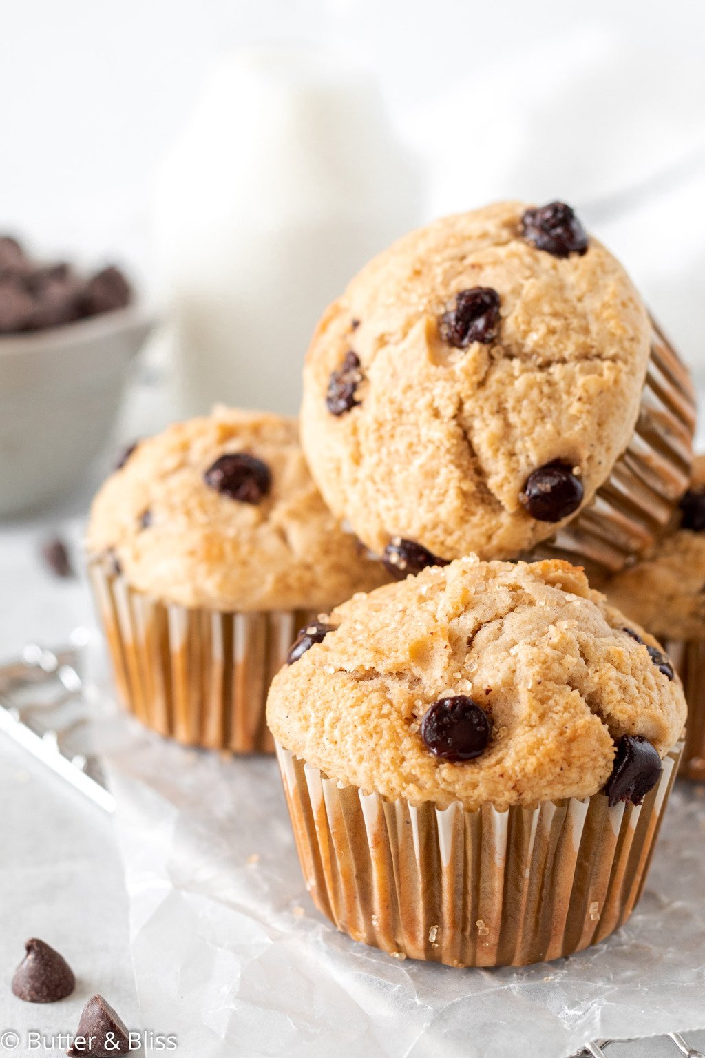 Stacked chocolate chip muffins