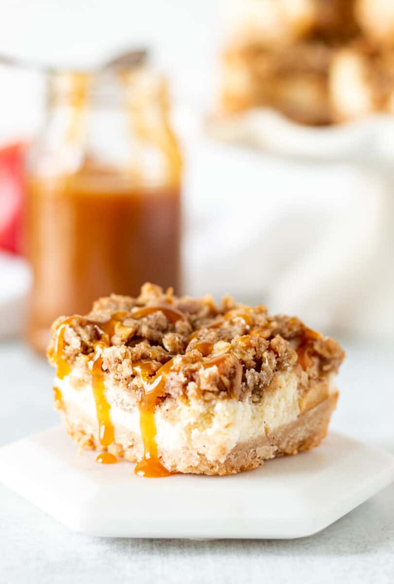 Single serving of apple caramel cheesecake bar