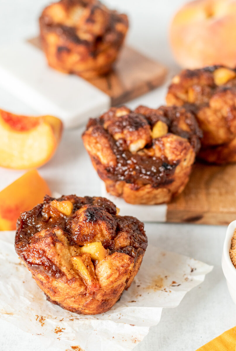 Table of peach monkey bread muffins