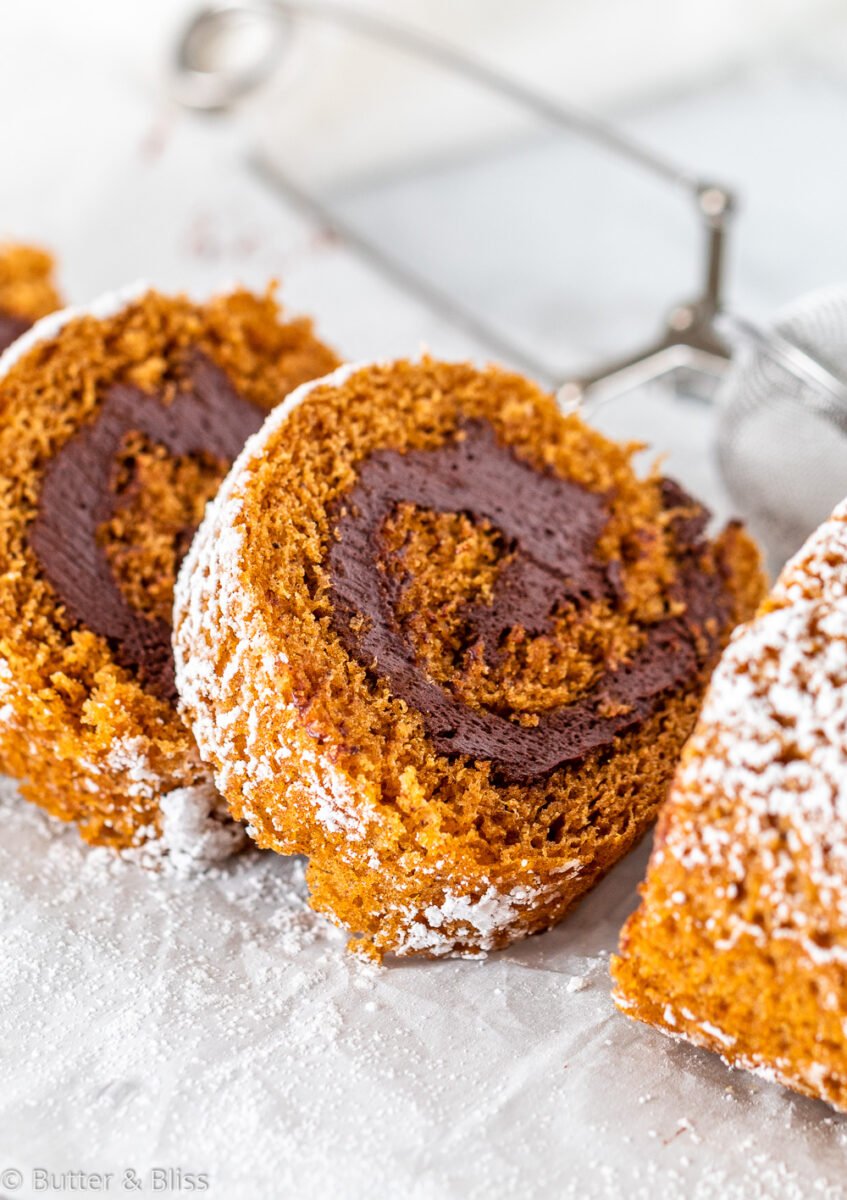 Individual slices of pumpkin chocolate cake roll