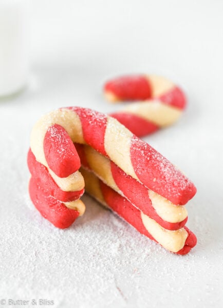 Stacked cookies shaped like candy canes