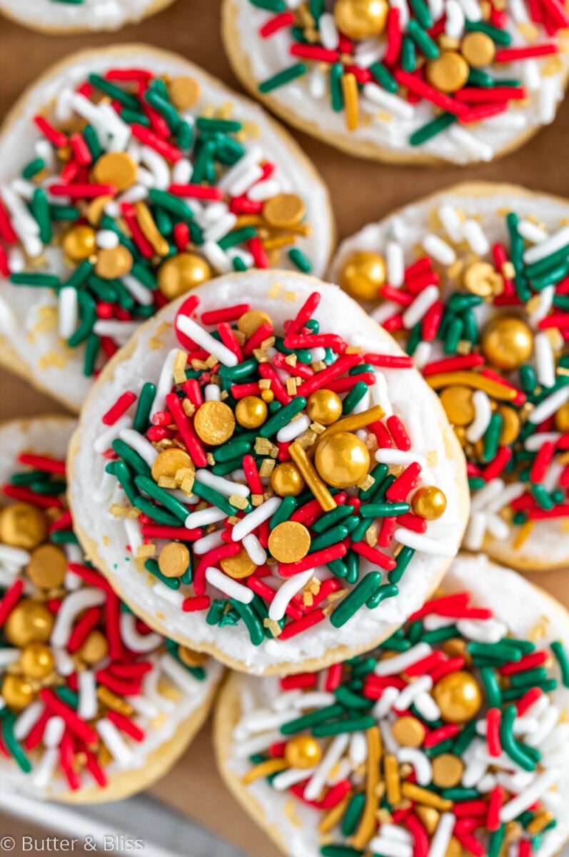 Close up of frosted butter cookie with sprinkles