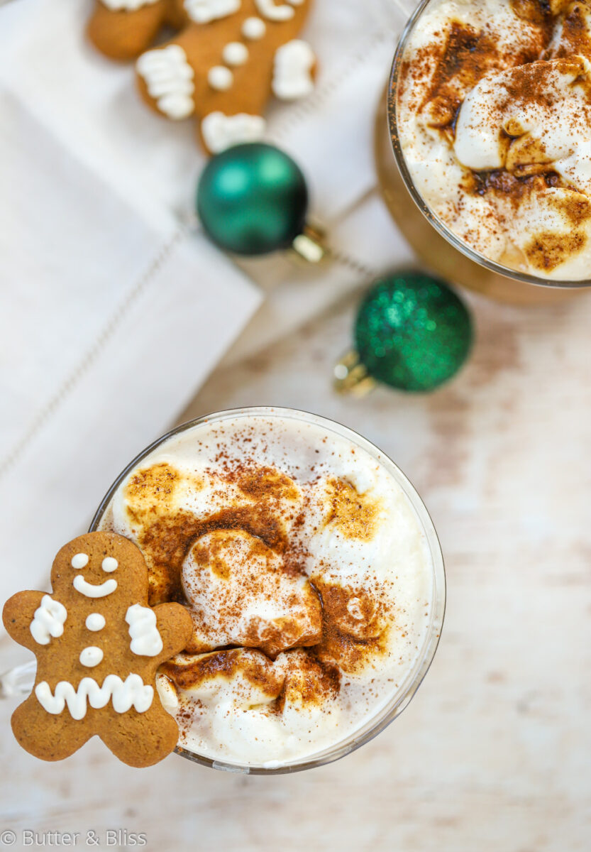Top view of a gingerbread latte with whipped cream