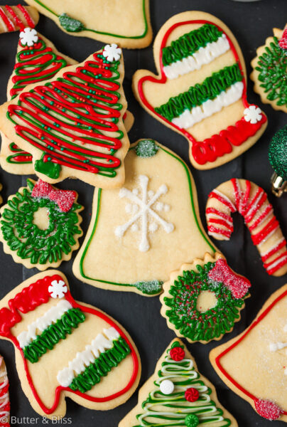 A platter of decorated holiday sugar cookies