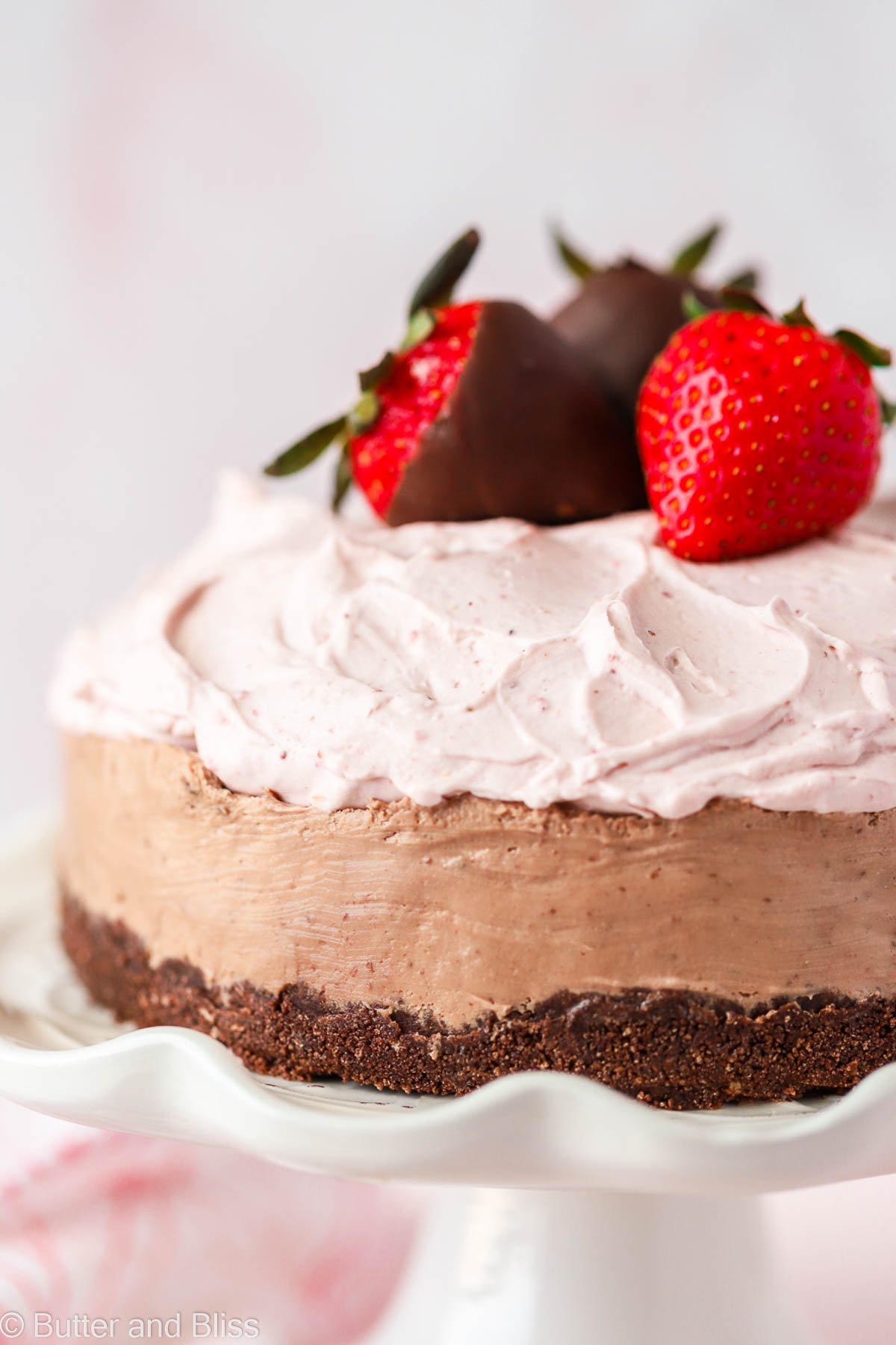 Close up of chocolate no bake cheesecake with strawberry whipped cream