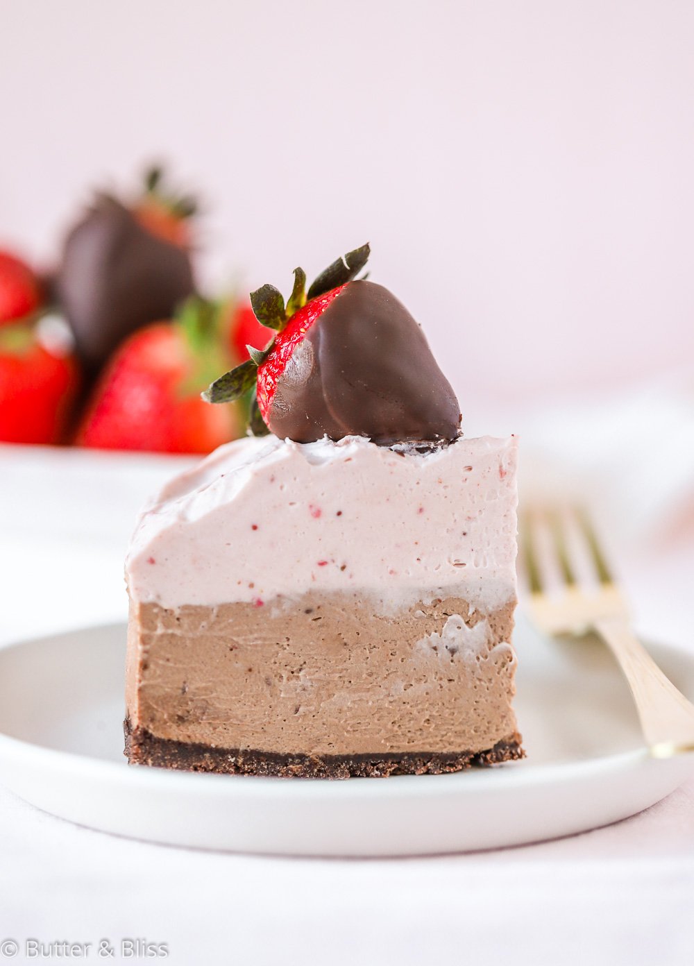 Single slice of chocolate mousse cheesecake for Valentine's Day 