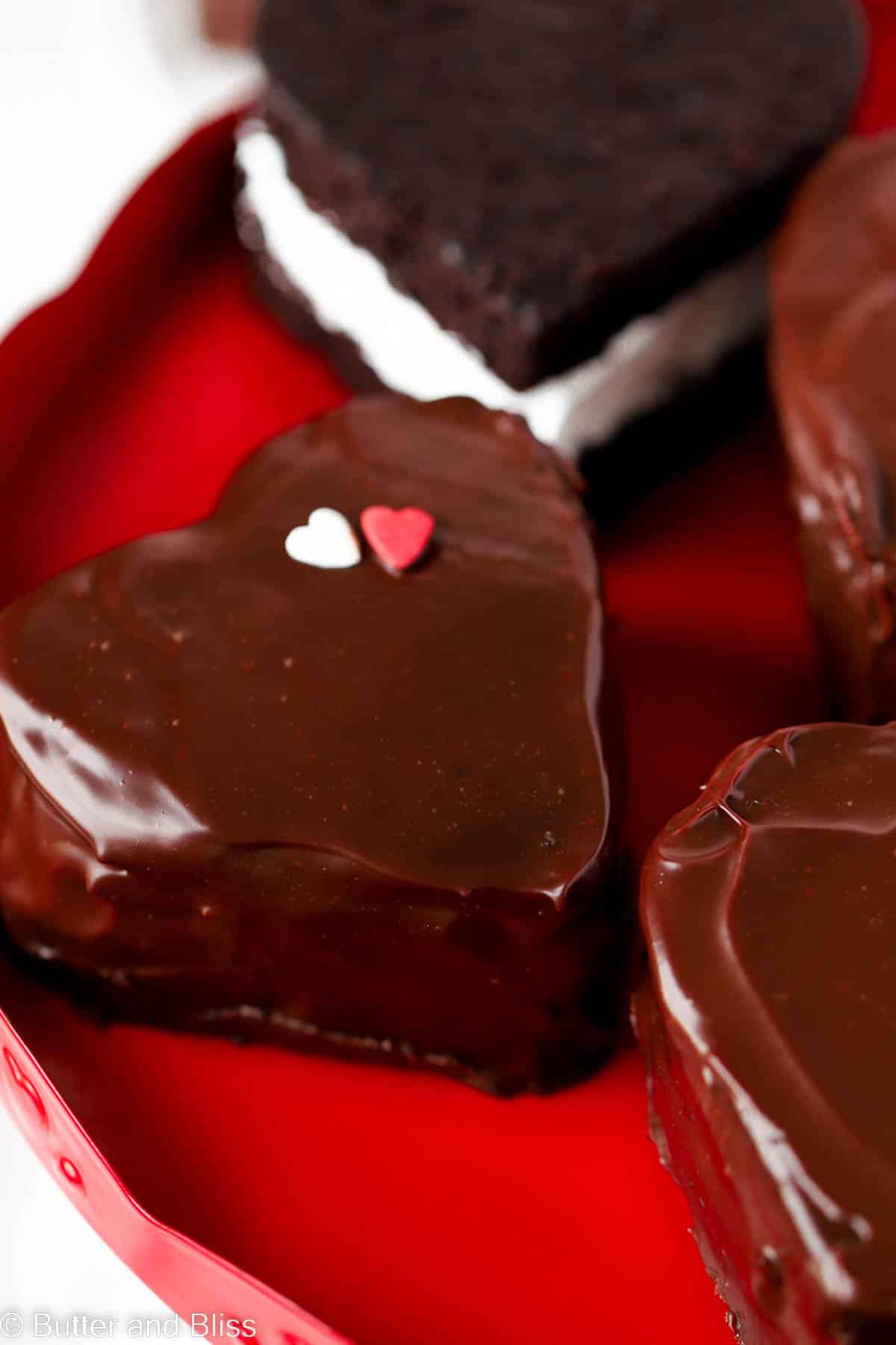 Heart shaped chocolate marshmallow mini cake close up.