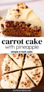 A small carrot cake with pineapple cut into slices and finished with cream cheese frosting.