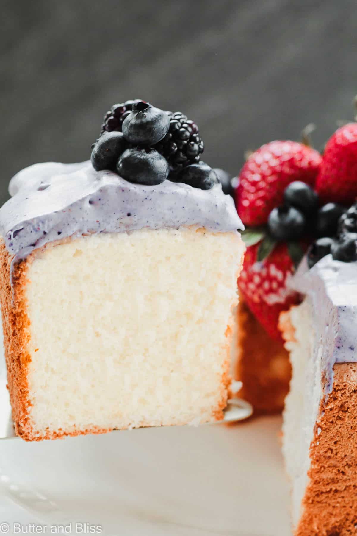 Side view of a slice of angel food cake on a cake server