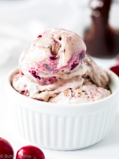 Chocolate cherry swirl ice cream in a bowl