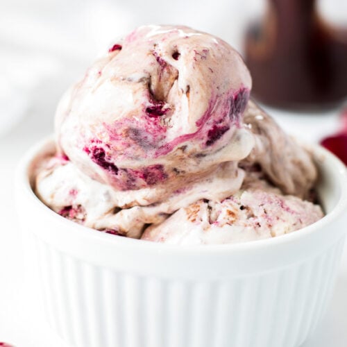 Chocolate cherry swirl ice cream in a bowl