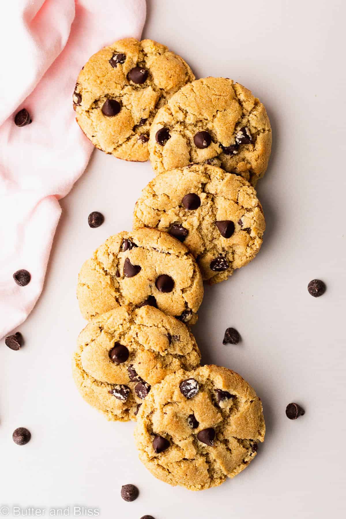 Perfectly round chocolate chip gluten free cookies arranged in a curvy line on a table.