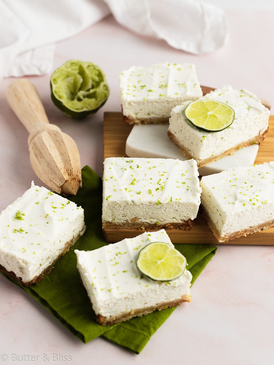 Key lime bars sliced on a cutting board are a great spring dessert