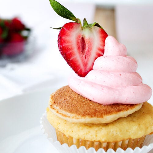 Single maple strawberry cupcake on a plate
