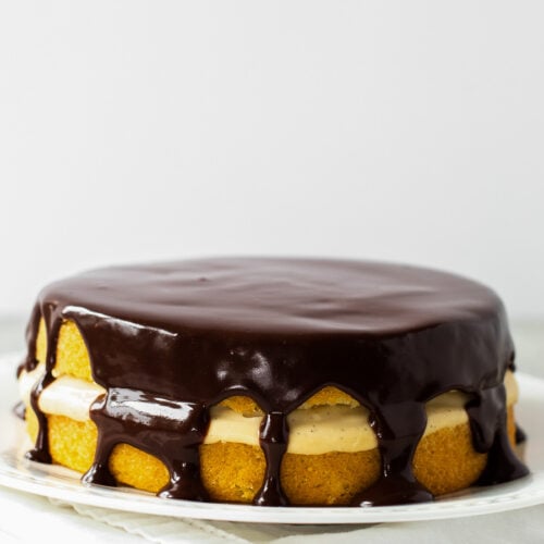 Boston cream pie cake on a platter