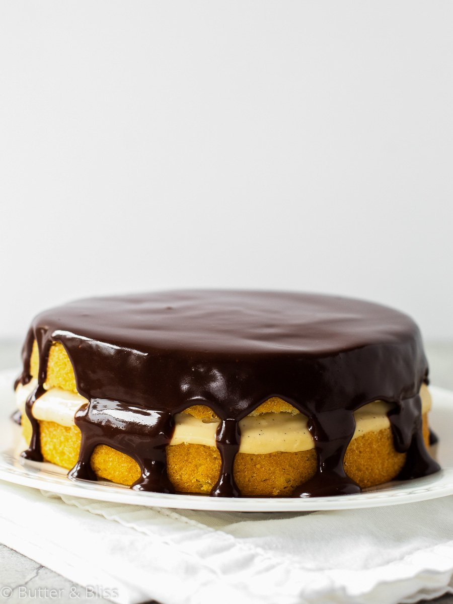 Boston cream pie cake on a platter