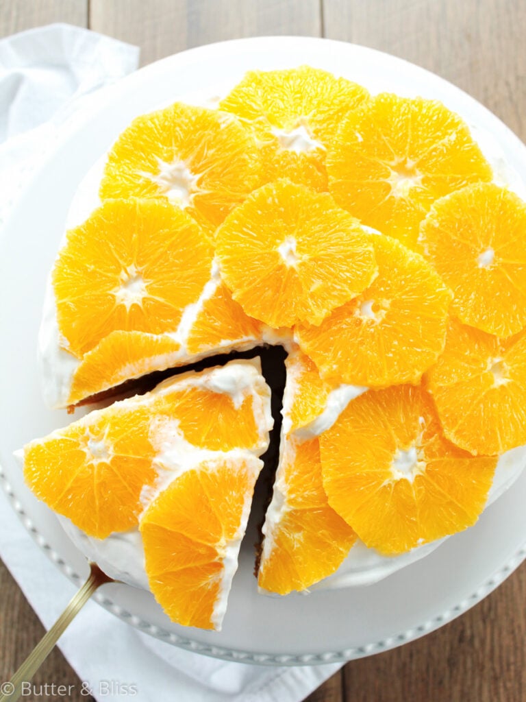 Olive oil and orange cake with orange slices