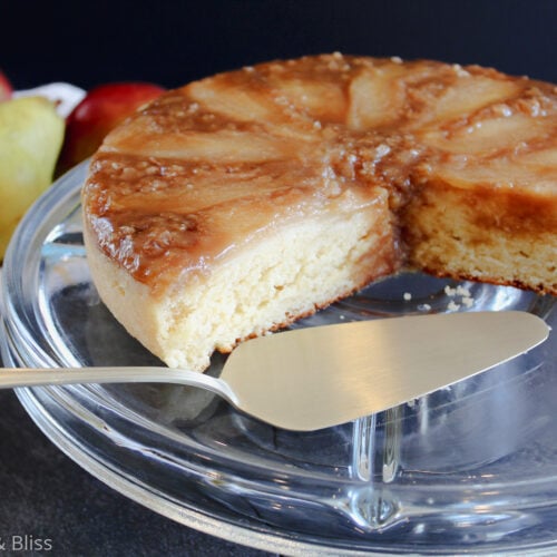 Pear and ginger upside down cake on a cake platter