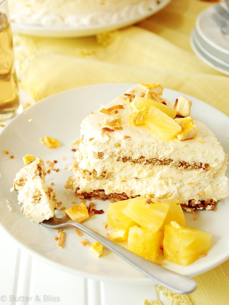 Pineapple mango icebox cake slice