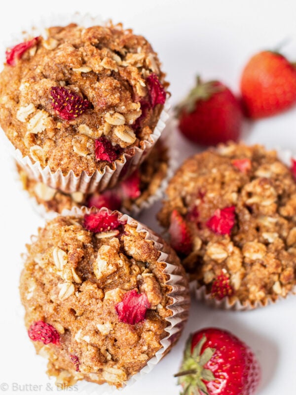 Stack of strawberry streusel muffins