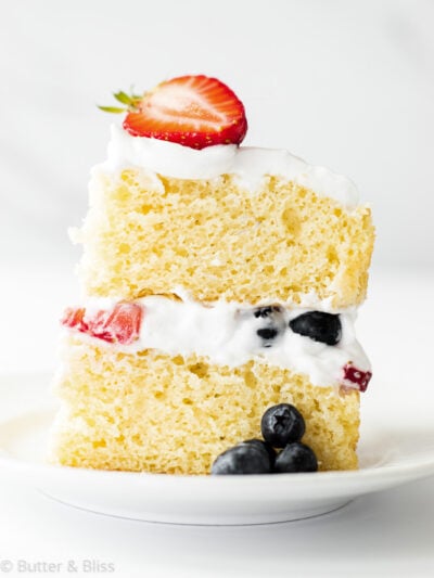 Fresh berry and vanilla cake slice on a plate