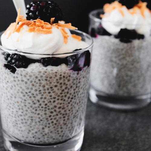 Close up of vanilla chia pudding topped with whipped cream