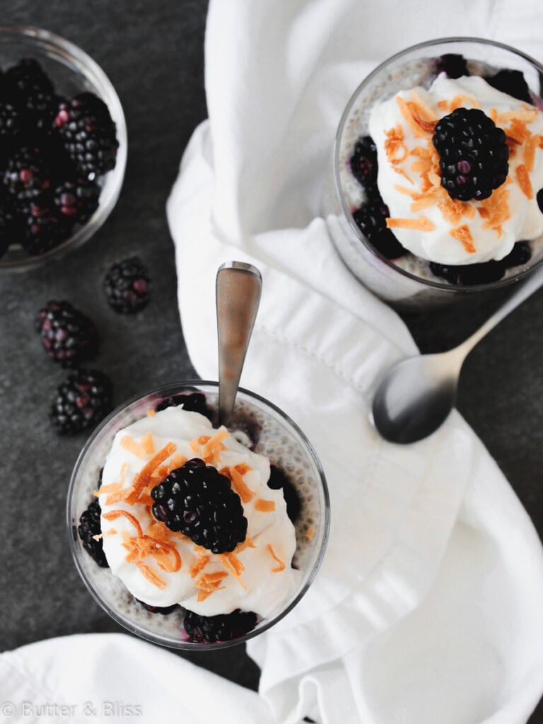 Top of chia pudding with blackberries