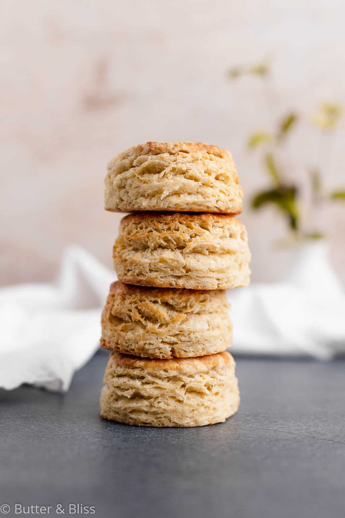 Stack of fluffy buttermilk biscuits.