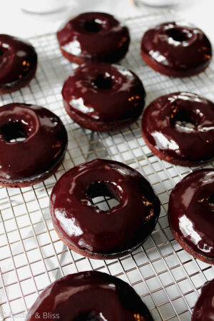 Side view of chocolate donuts