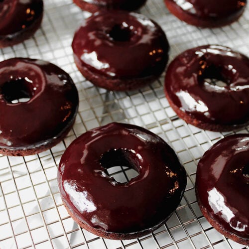 Side view of chocolate donuts
