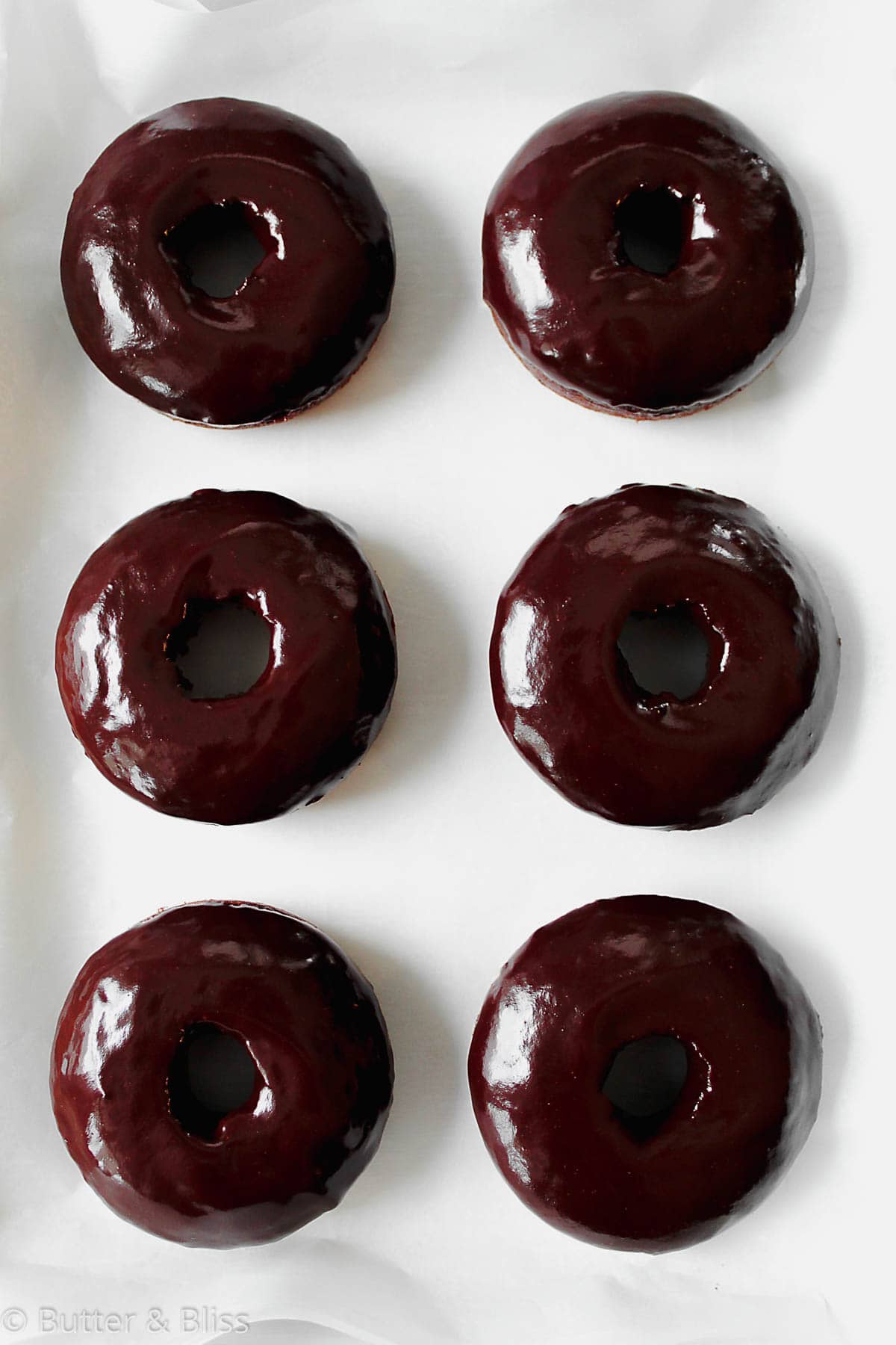 Chocolate donuts lined up in rows