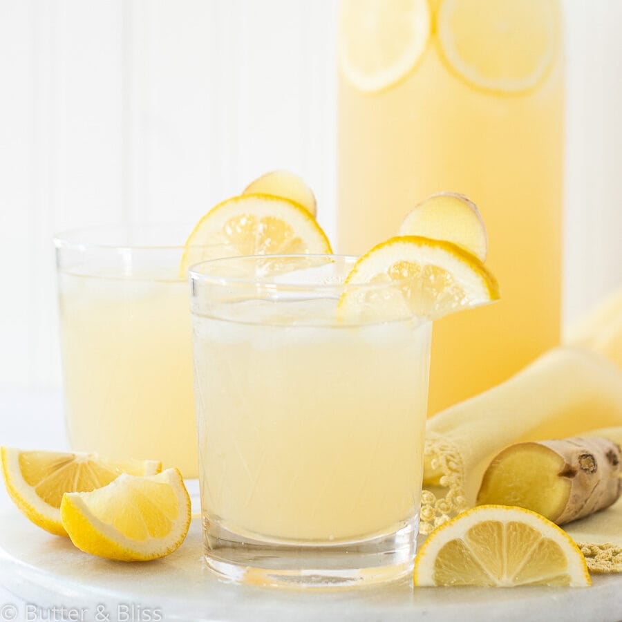 Lemonade in a pitcher and two glasses