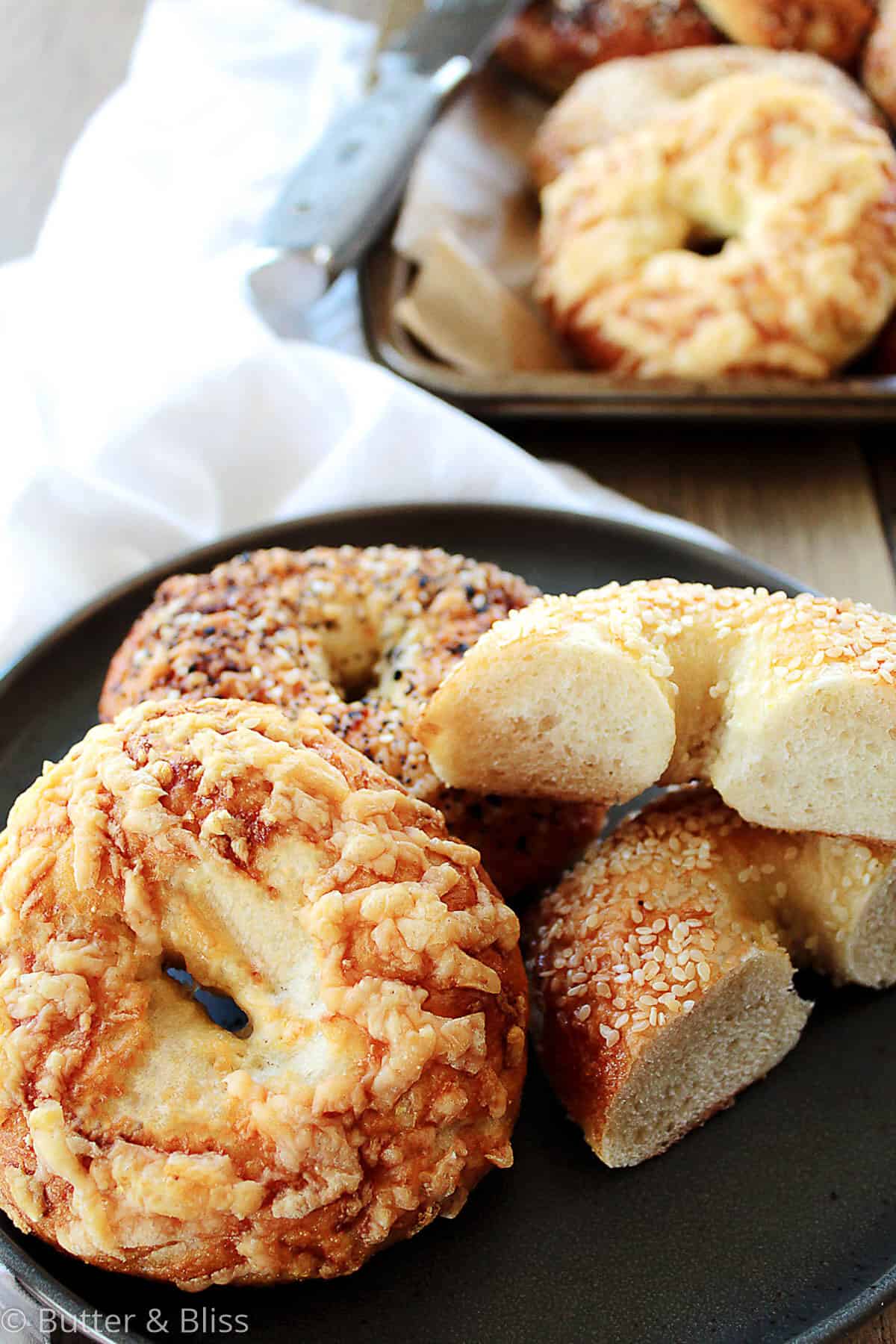 Fresh baked bagels on a plate