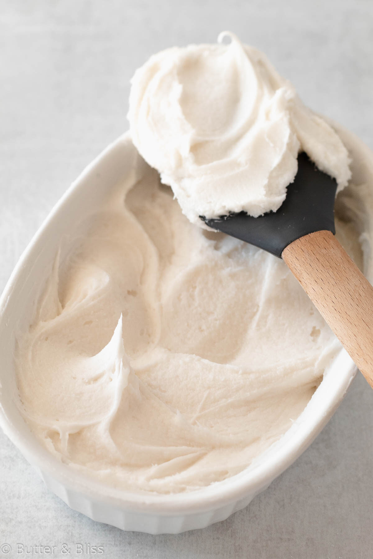 Whipped butter-free vanilla buttercream in a bowl