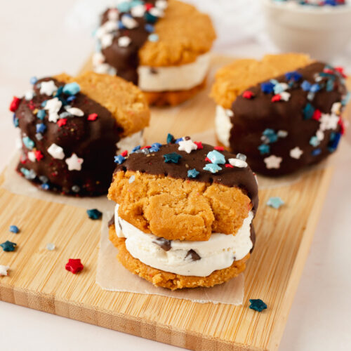 Ice cream peanut butter cookie sandwiches on a platter