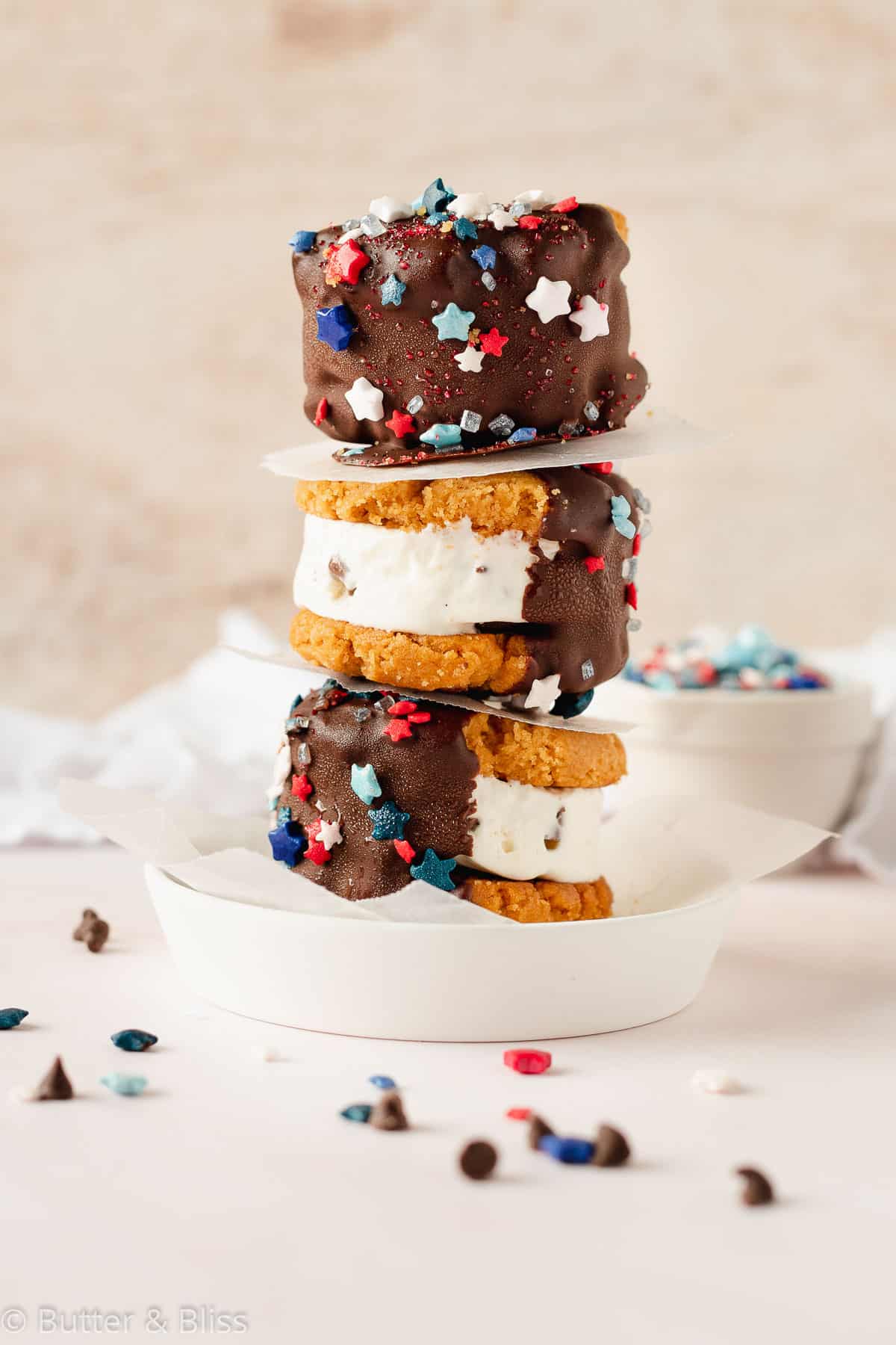 A stack of peanut butter ice cream sandwiches